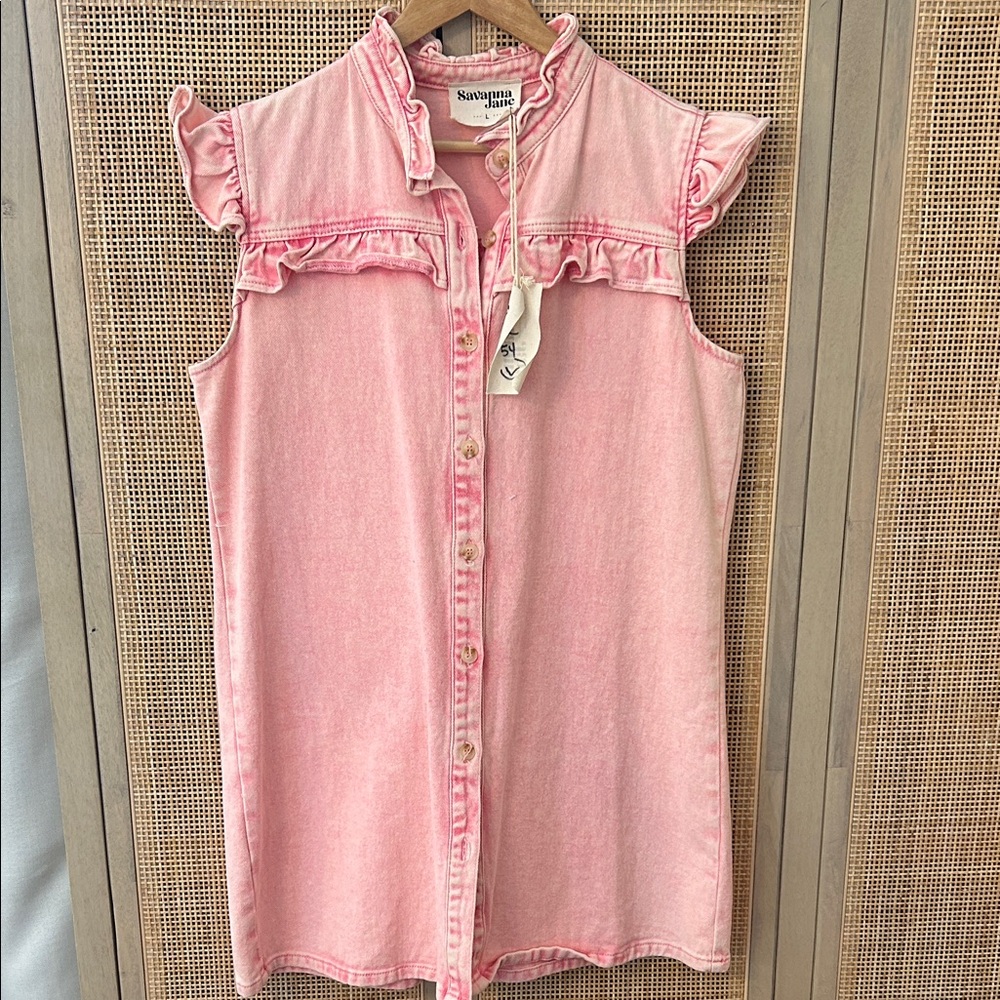 Savannah Pink Button-Down Ruffle Jean Dress